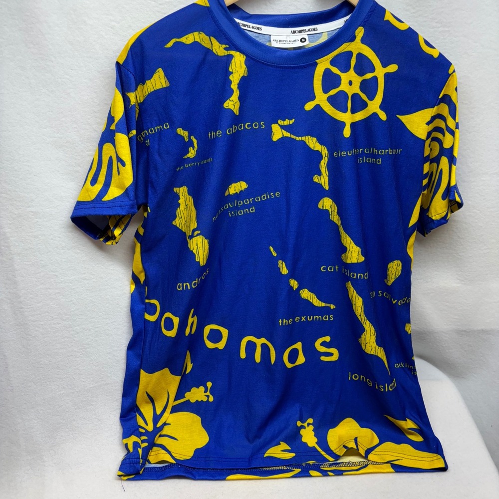 Archipelagoes Bahamas Map Print Short Sleeve T Shirt Blue Yellow Polyester‎ M